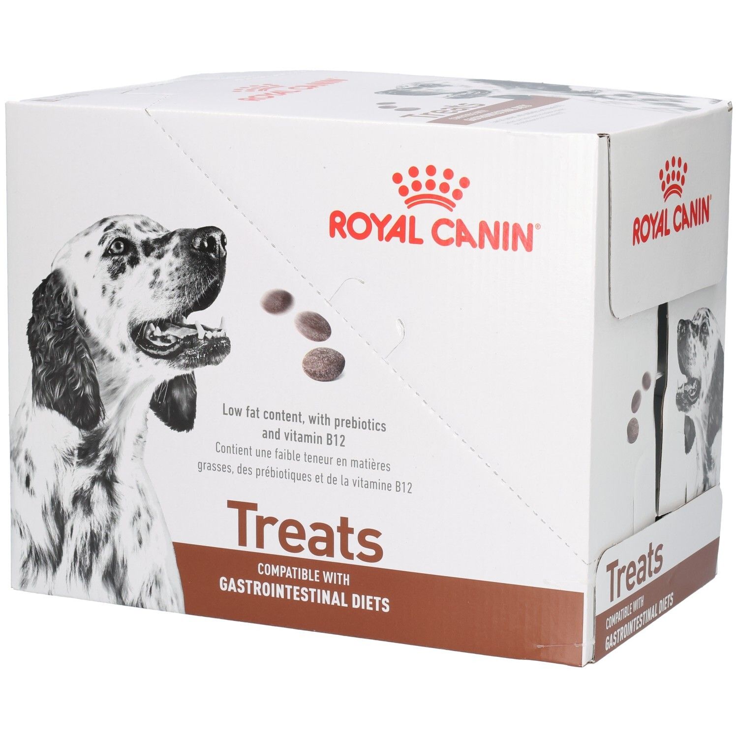Royal Canin Treats doos met hondenafbeelding, productinformatie en ingrediënteninformatie.