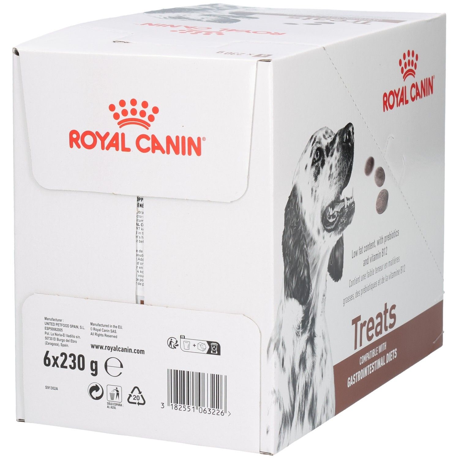 Royal Canin Treats doos met productinformatie, barcode en 6x230g aanduiding.