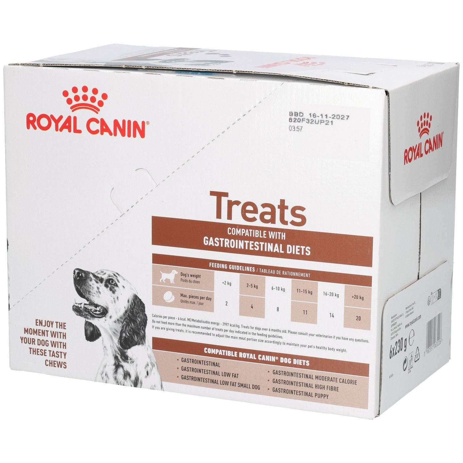 Royal Canin Treats doos met hondenafbeelding, voedingsadvies en productinformatie.
