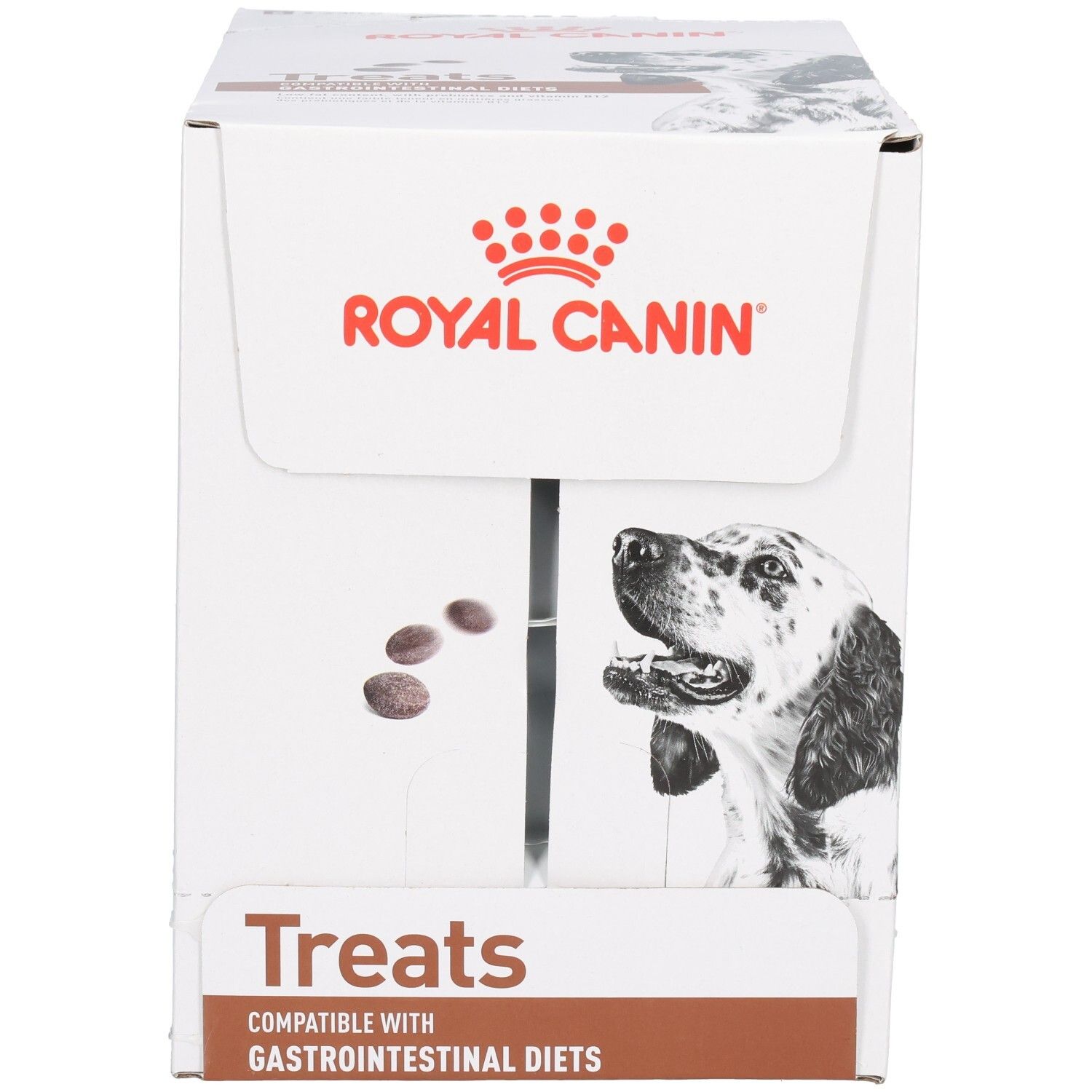 Royal Canin Treats doos met hondenafbeelding en productinformatie.