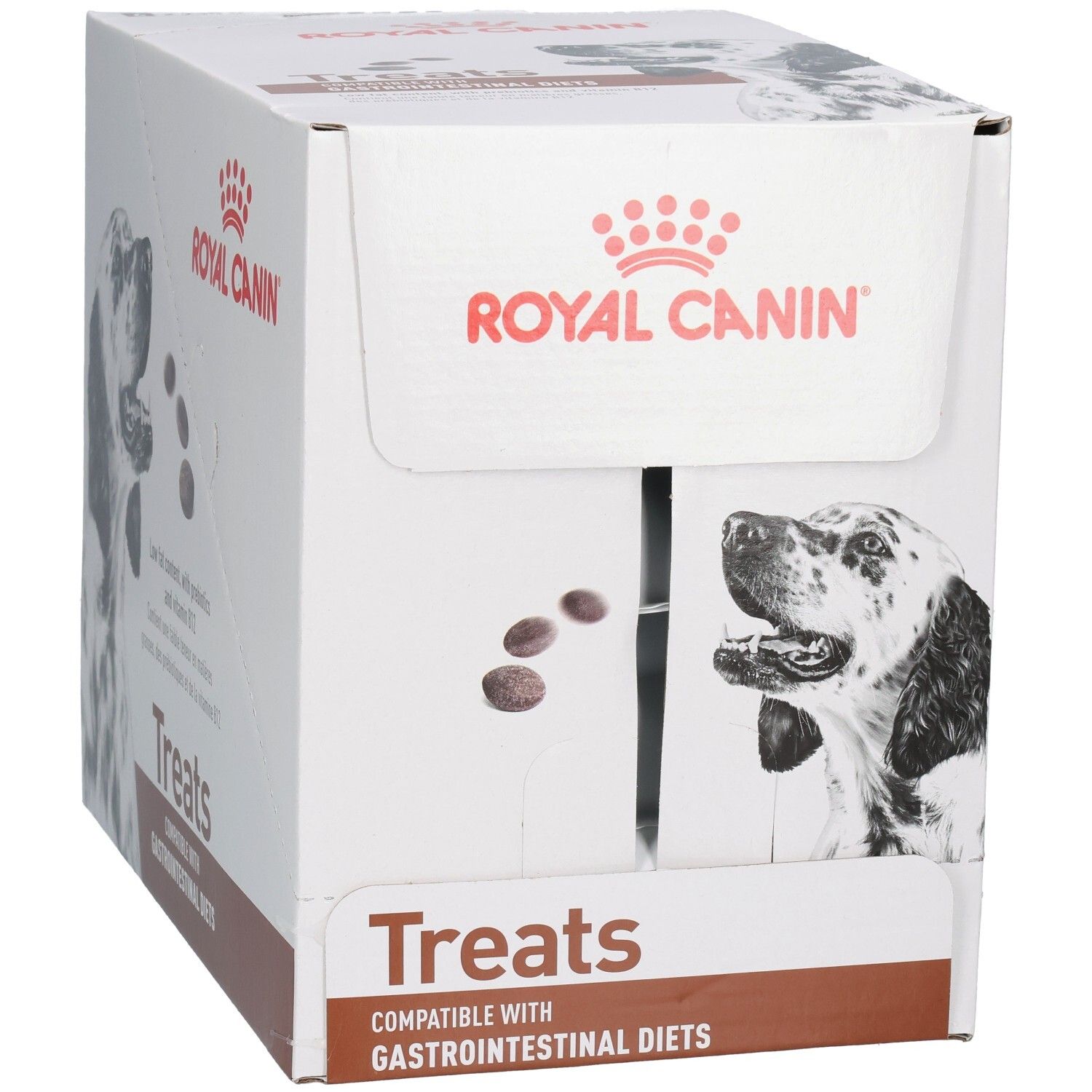 Royal Canin Treats doos met hondenafbeelding en productinformatie.