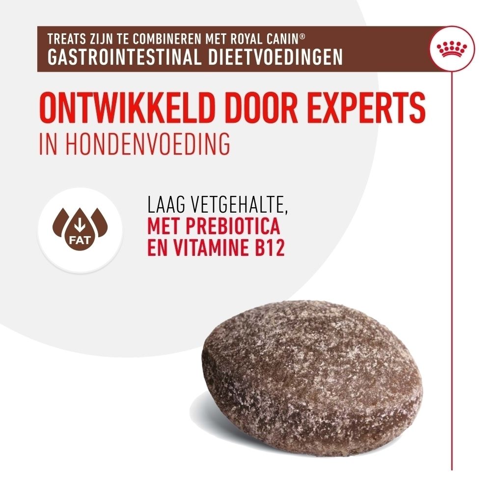 Een enkele, ovale hondensnack met laag vetgehalte, prebiotica en vitamine B12.