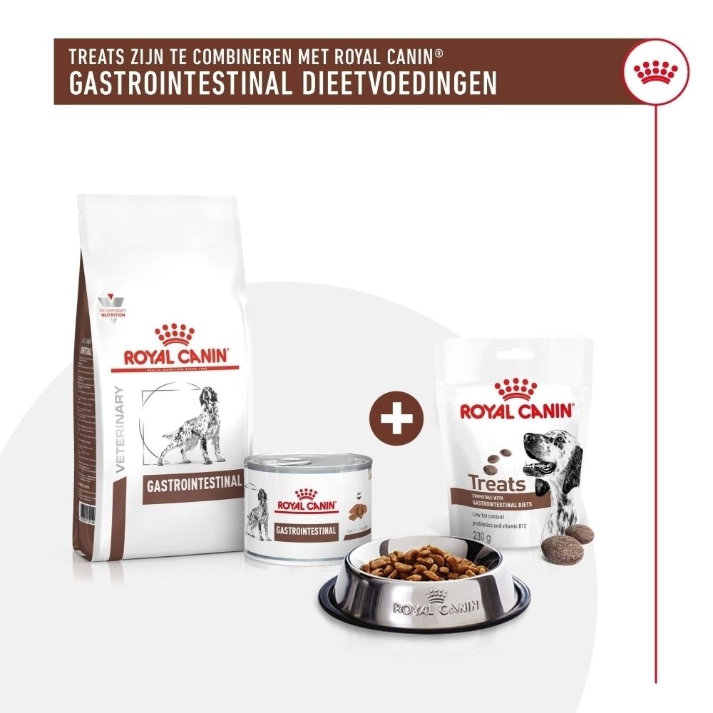 Royal Canin Gastrointestinal hondenvoer: zak brokken, blikje en treat-zakje met voerbak.