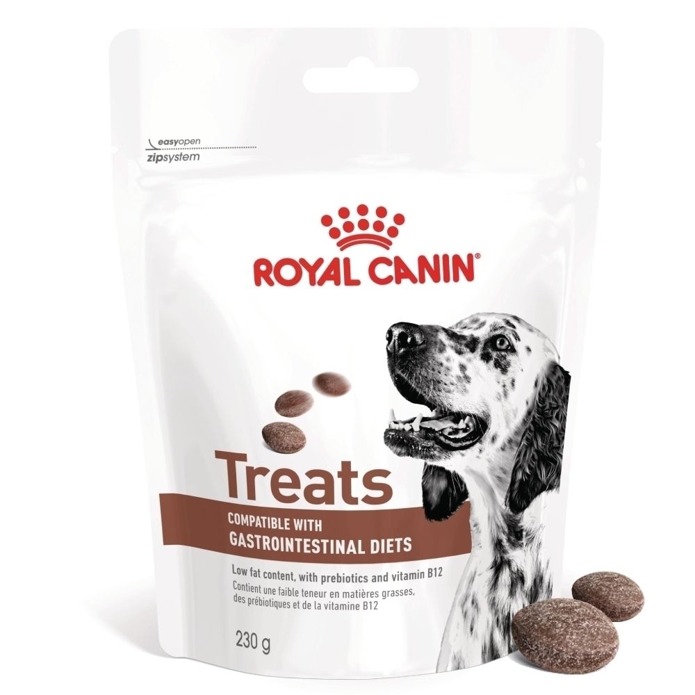 Royal Canin hondensnoepjes voor gastro-intestinale diëten, 230g zak met hondengezicht en snoepjes.