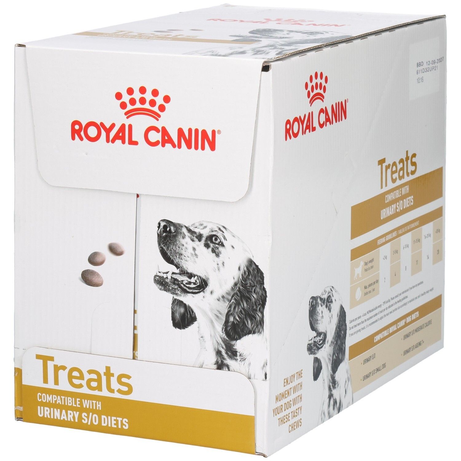 Royal Canin Treats doos met hondenafbeelding en productinformatie.