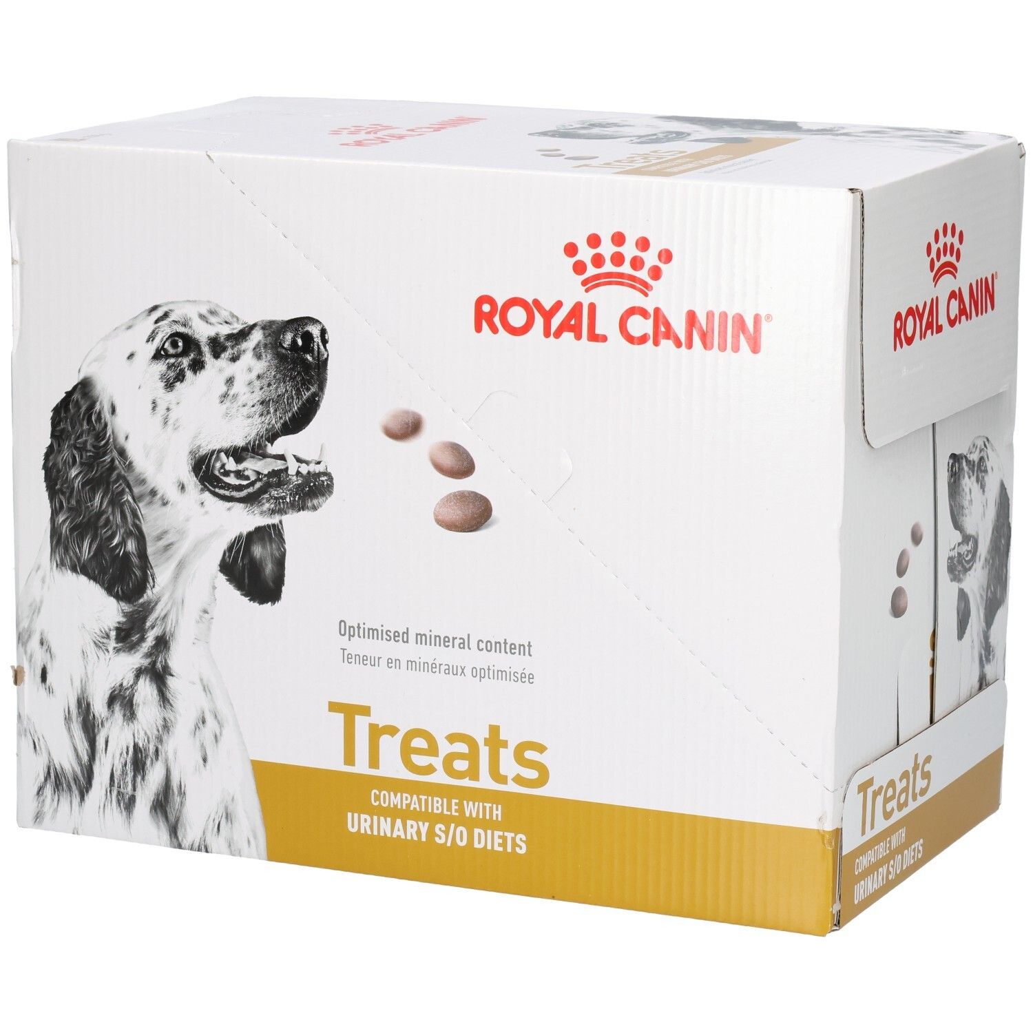 Royal Canin Treats doos met hondenafbeelding, geoptimaliseerd mineraalgehalte en productinformatie.