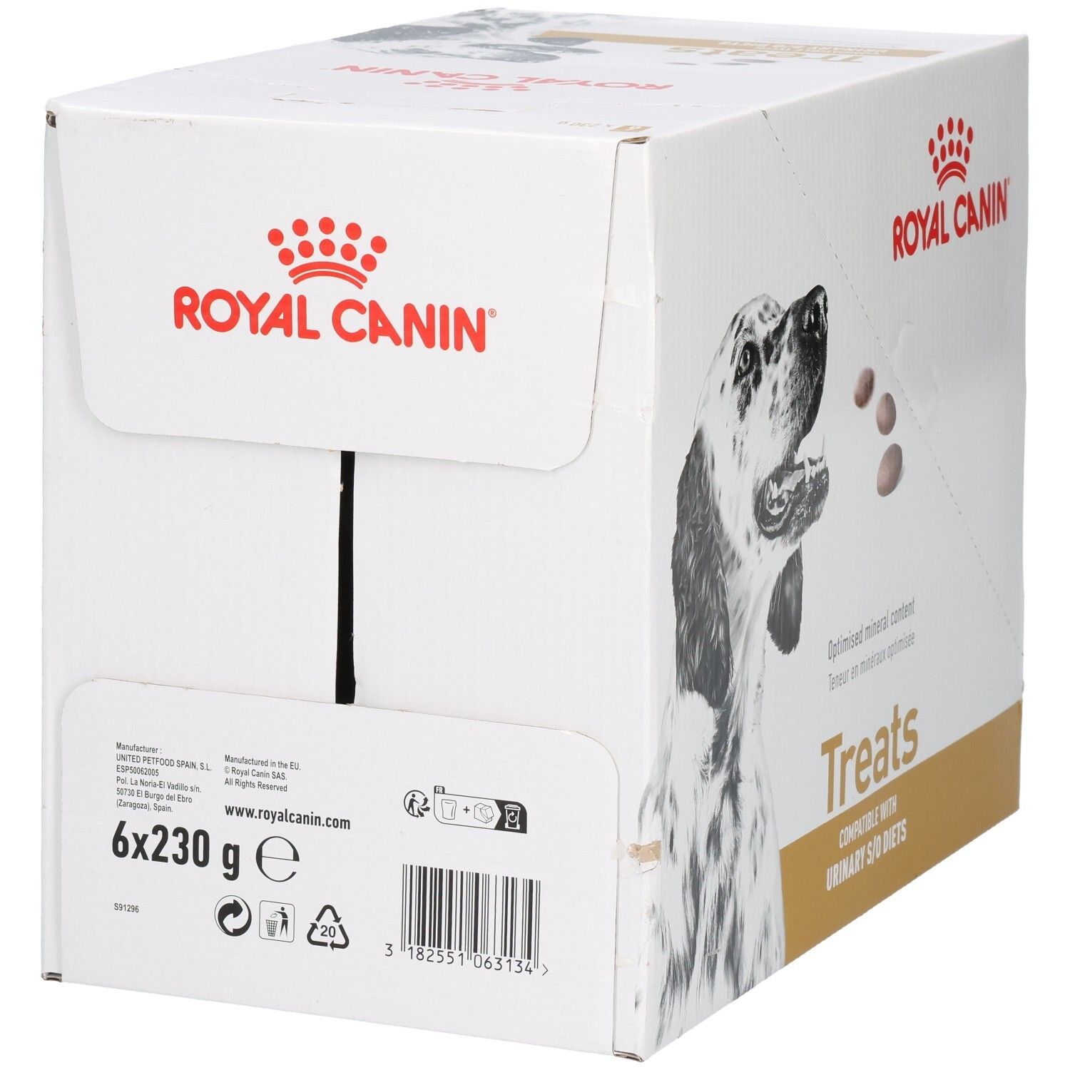 Royal Canin Treats doos, 6x230g, met hondenafbeelding en productinformatie.