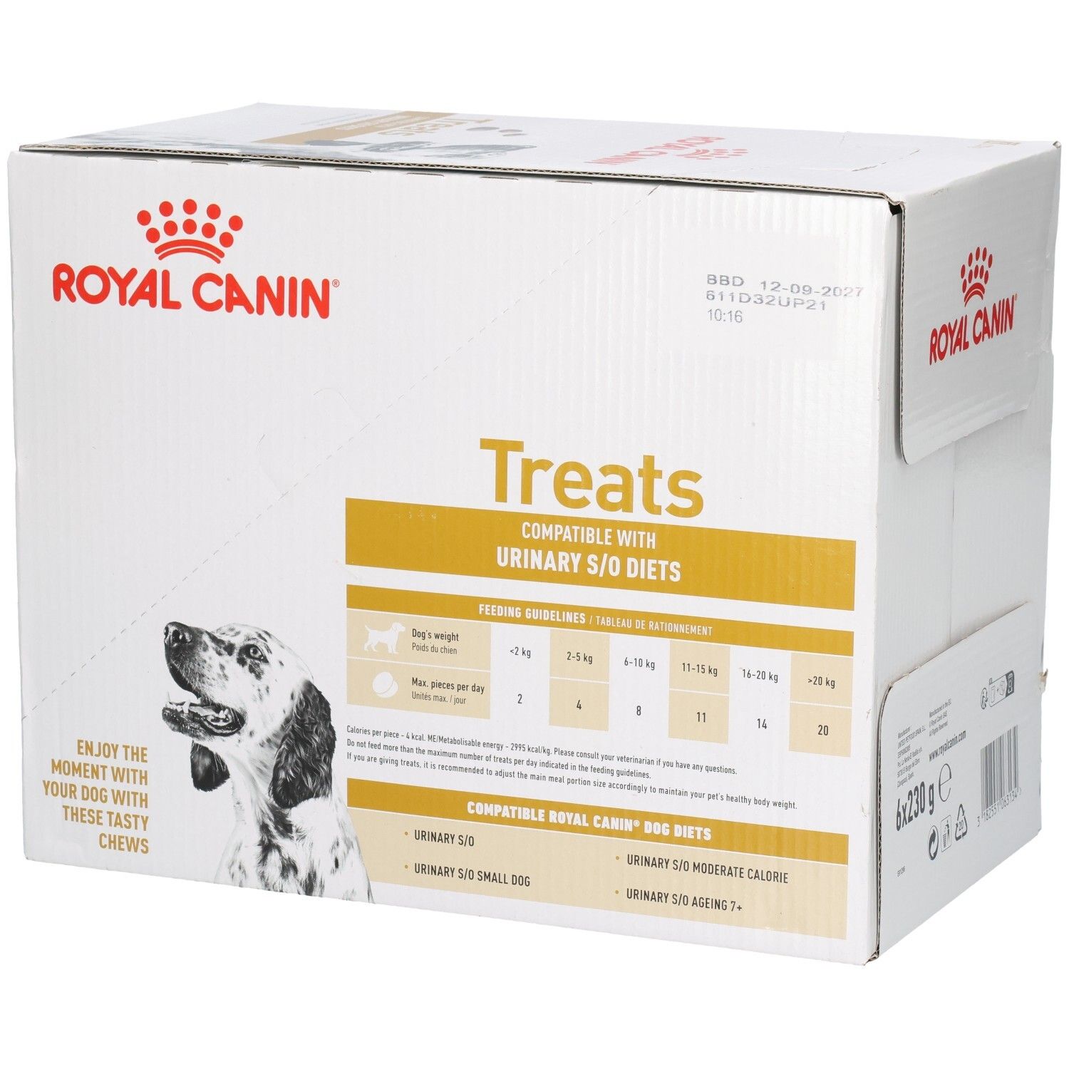 Royal Canin Treats doos met voedingsadviezen en productinformatie.