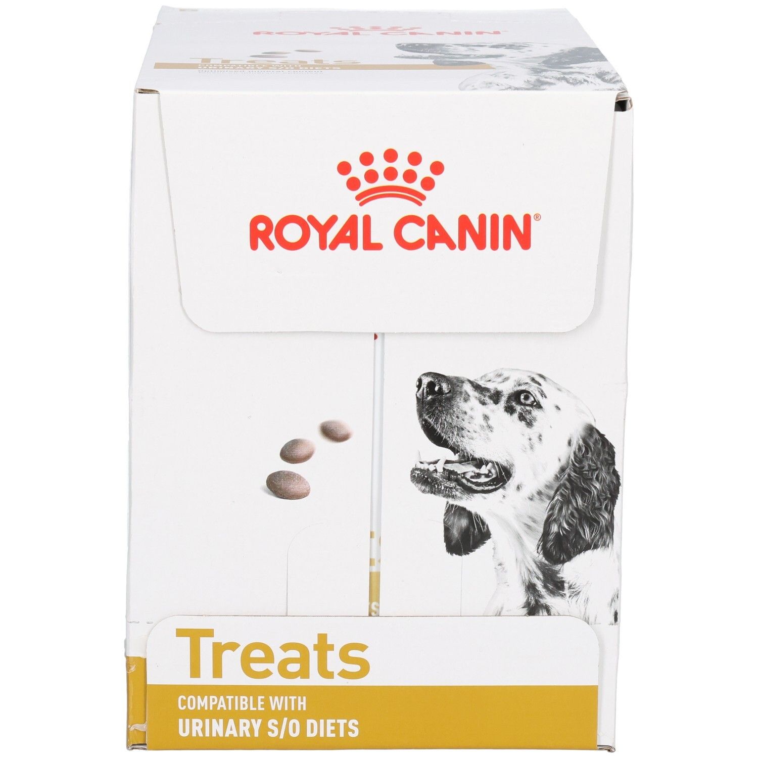 Royal Canin Treats doos met hondenafbeelding, voedingsadviezen en productinformatie.