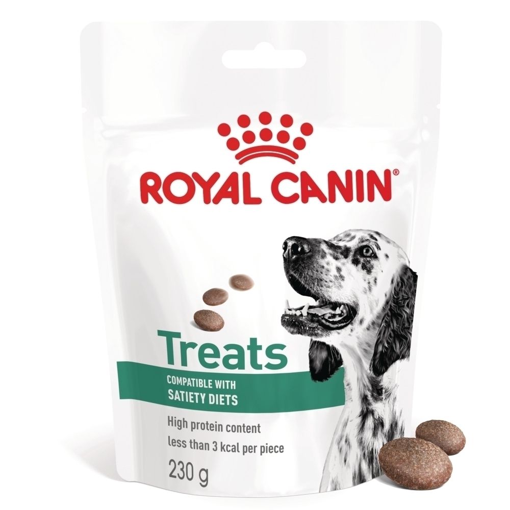 Royal Canin Treats zakje, 230g, met honden gezicht en afbeelding van traktaties.