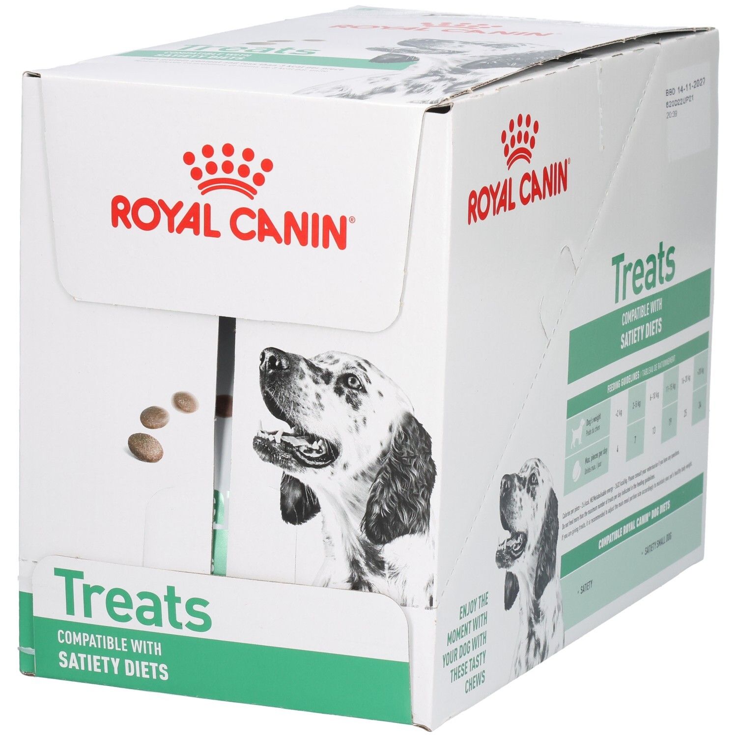 Royal Canin VET-D Treats Satiety doos met hondenafbeelding en productinformatie.