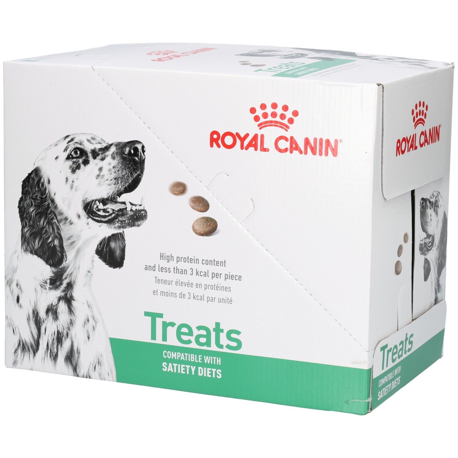 Royal Canin VET-D Treats Satiety doos met hondenafbeelding, voedingswaarde en productinformatie.