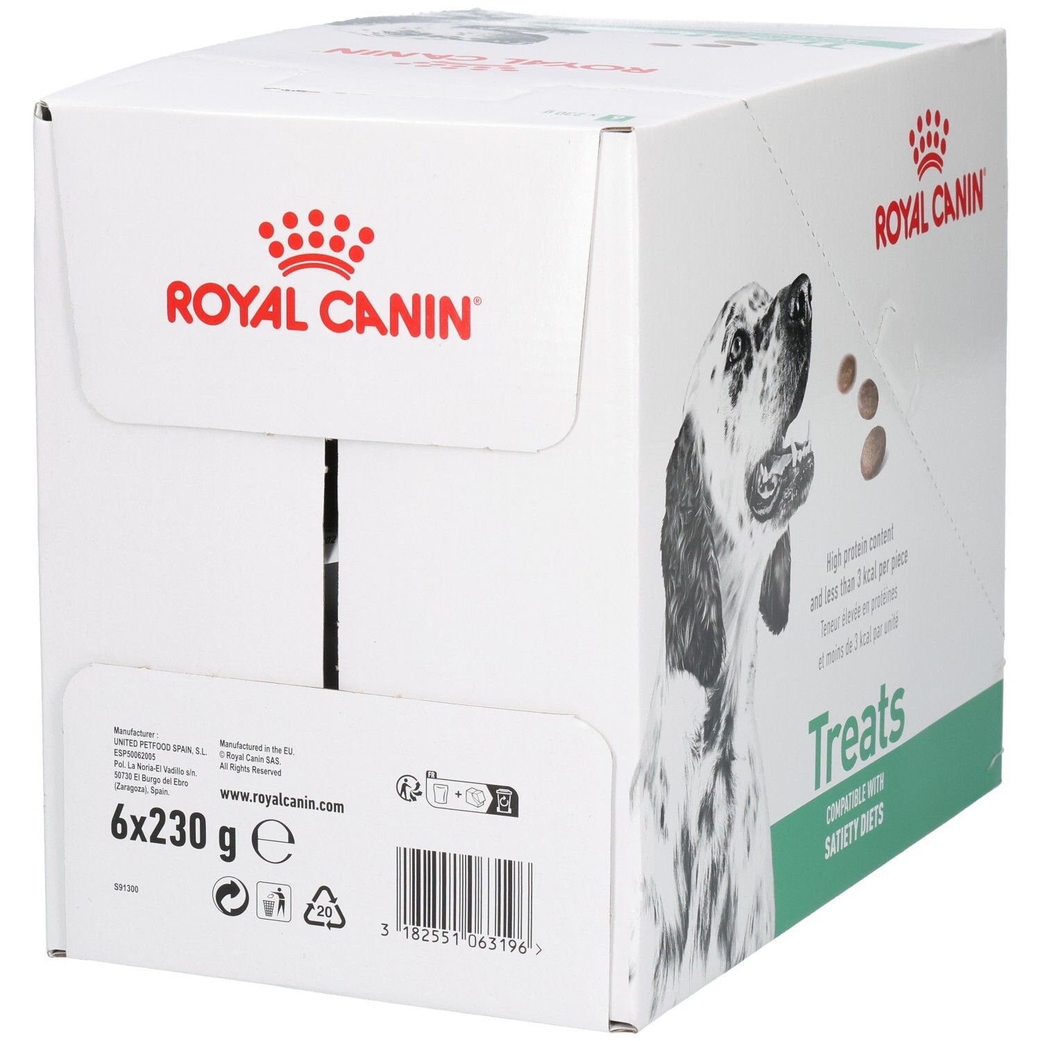Royal Canin VET-D Treats Satiety doos met 6x230g aanduiding, barcode en productinformatie.