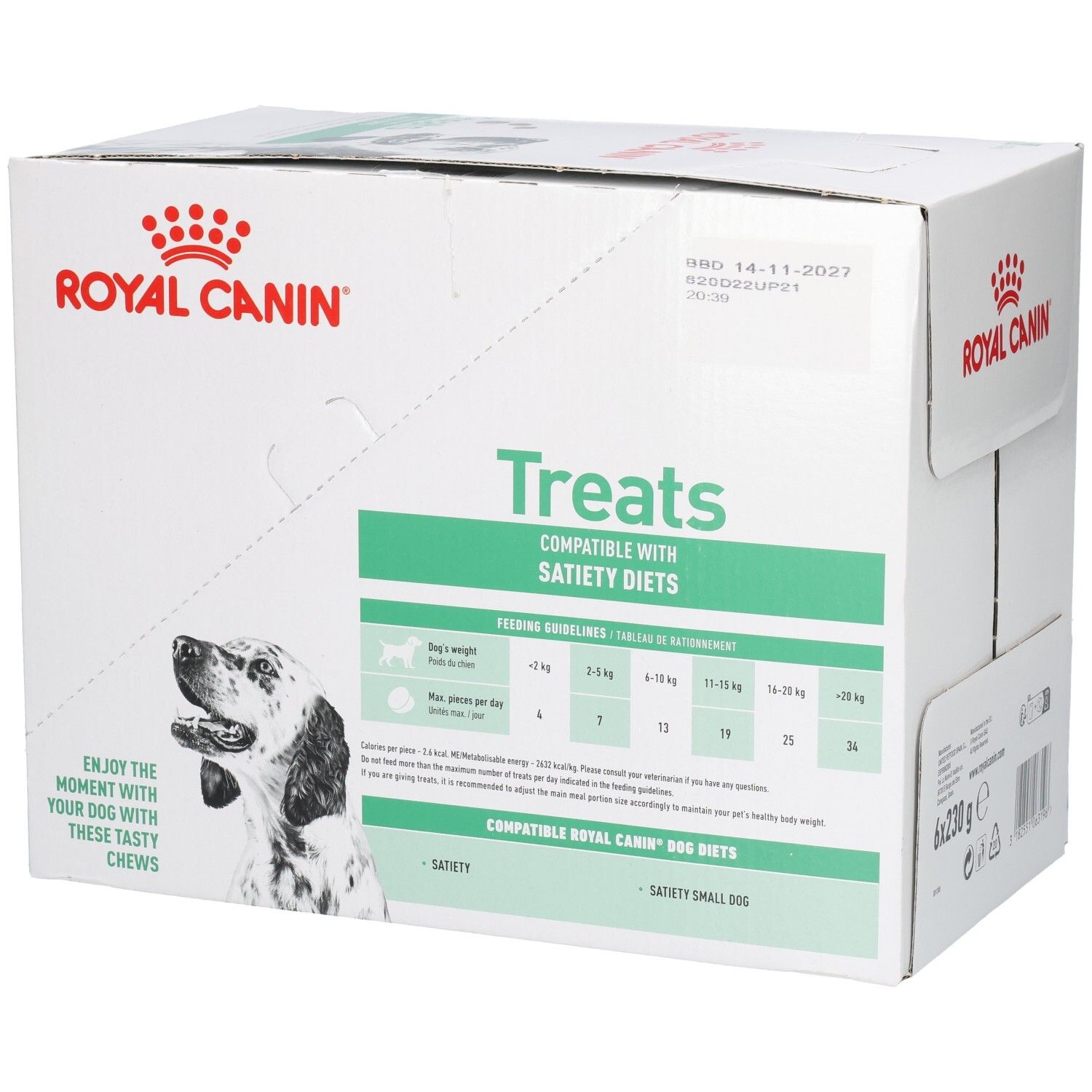Royal Canin VET-D Treats Satiety doos met voedingsadviezen en productinformatie.