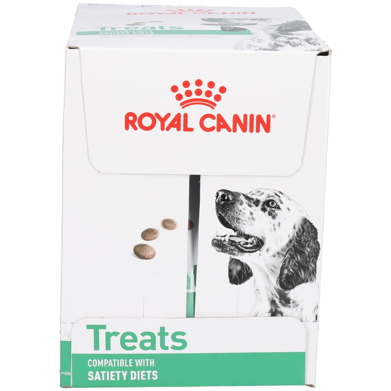 Royal Canin VET-D Treats Satiety doos met hondenafbeelding en productinformatie.