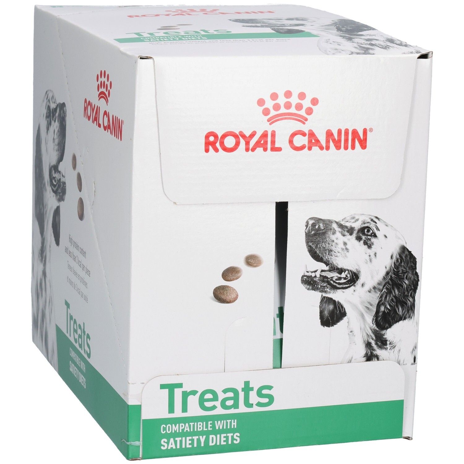 Royal Canin VET-D Treats Satiety doos met hondenafbeelding en productinformatie.