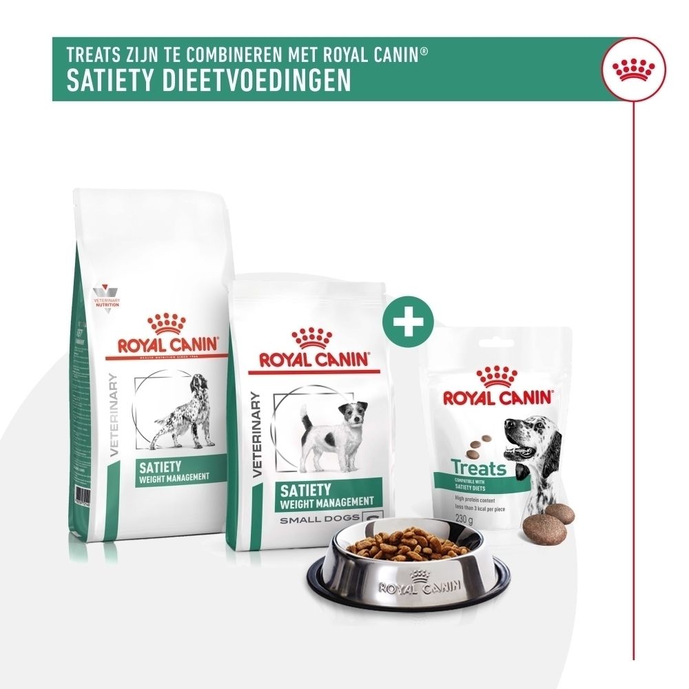 Royal Canin Satiety dieetvoer en traktaties voor honden. Verschillende verpakkingsgroottes en een voerbak zijn afgebeeld.