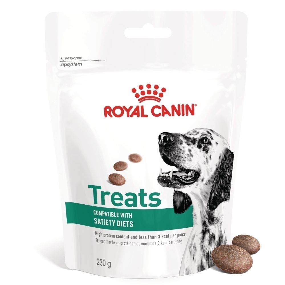 Sac de friandises pour chien Royal Canin, 230g, avec image de chien et symboles de friandises.