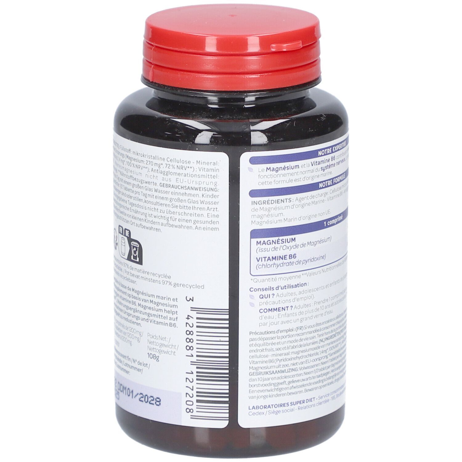 Dos du flacon brun avec couvercle rouge. Informations textuelles et ingrédients. Contient 90 comprimés.