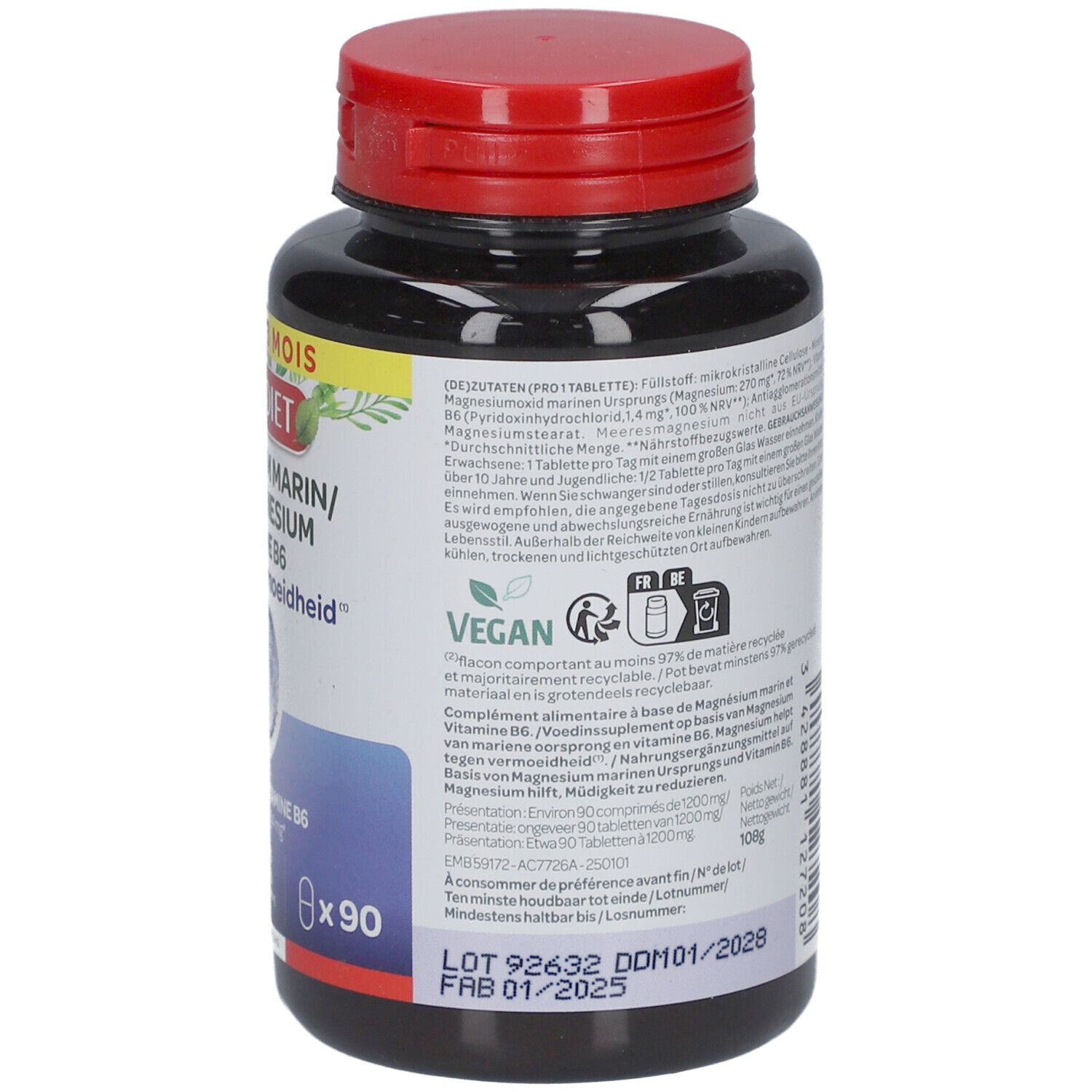 Dos du flacon brun avec couvercle rouge. Informations textuelles, ingrédients et label Vegan. 90 comprimés.