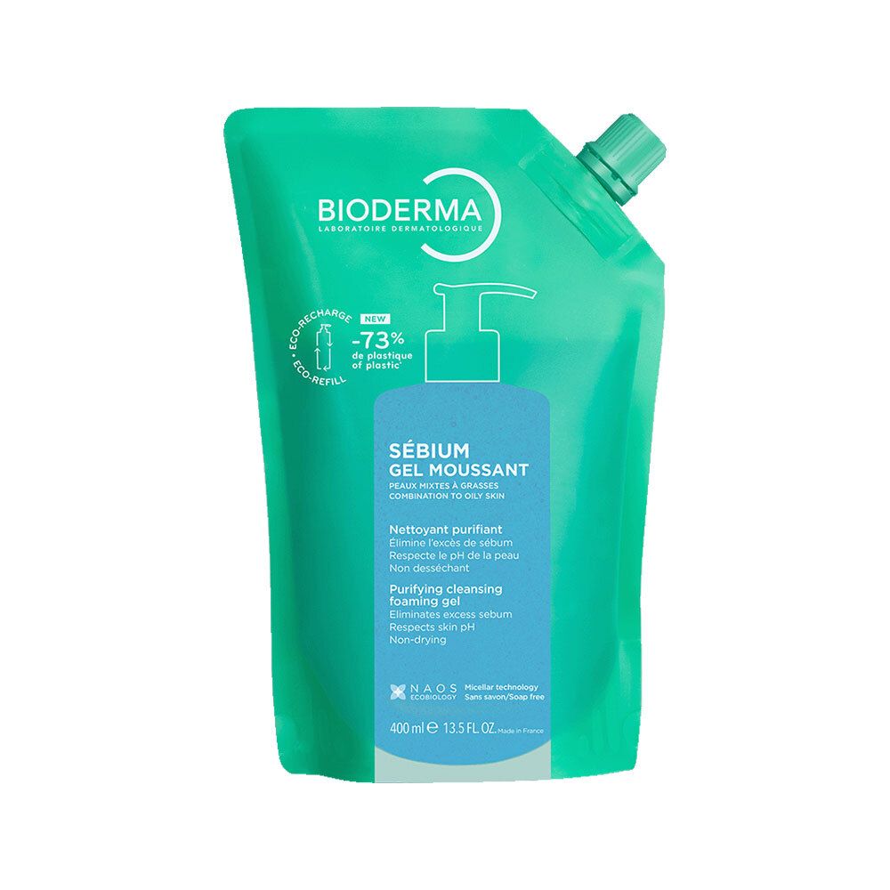 Turquoise navulverpakking met pomp. Opschrift: Bioderma, Sébium Gel Moussant. Tekst: Reinigende schuimgel, 400 ml.