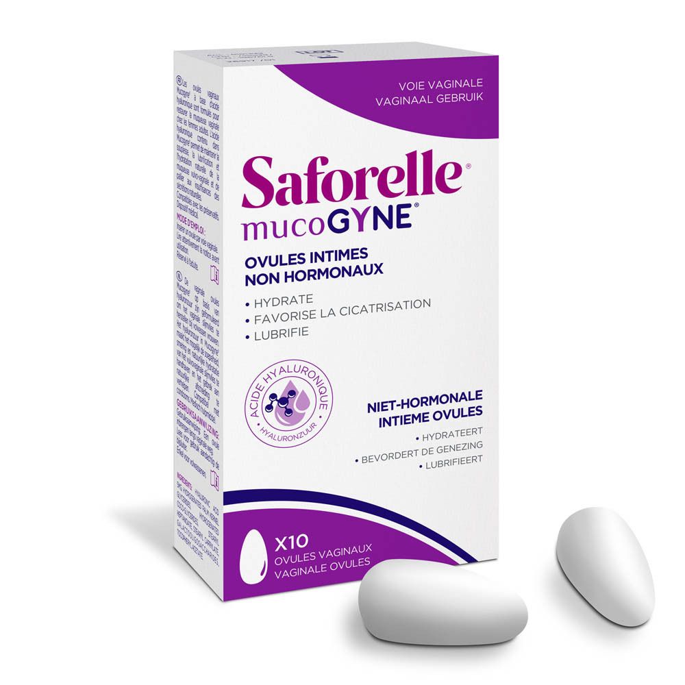 Saforelle mucoGYNE: Achterkant verpakking met gebruiksaanwijzing en ingrediënten. 10 vaginale ovules.