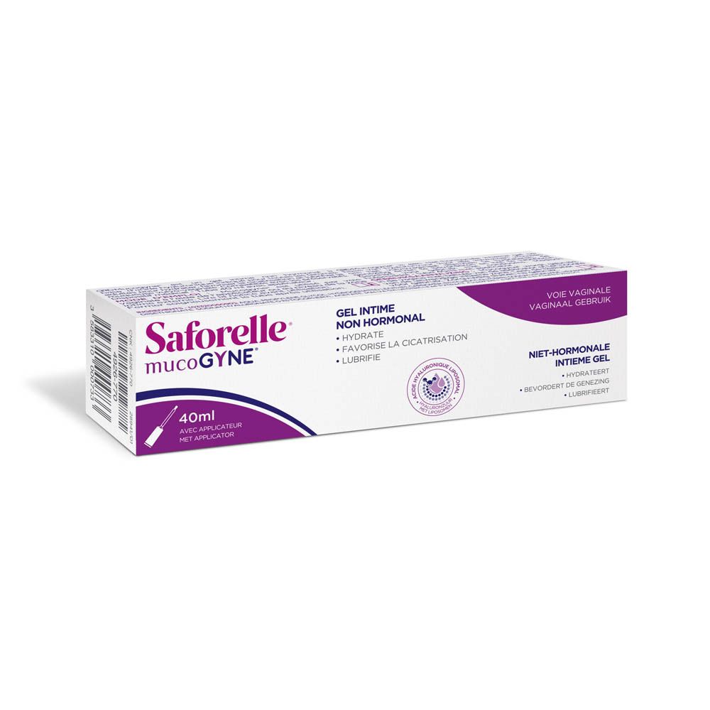 Saforelle Mucogyne Intiem Gel, 40ml, niet-hormonaal, met applicator. Voorkant.