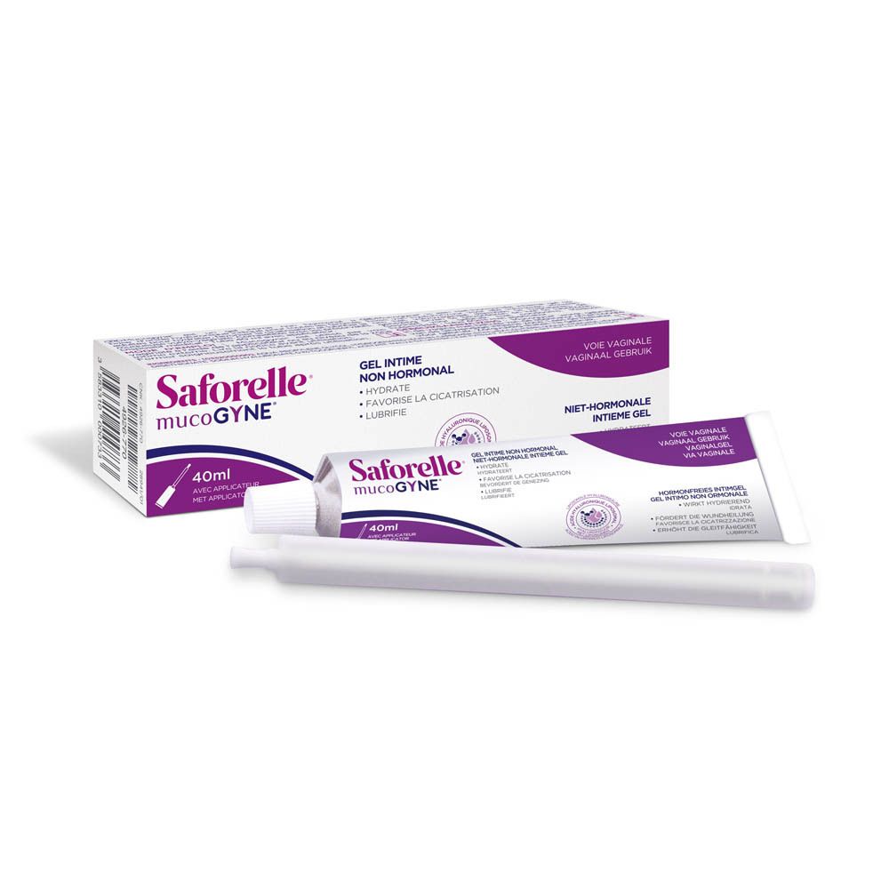 Saforelle Mucogyne Gel Intime, 40ml, non hormonal, avec applicateur. Vue latérale.