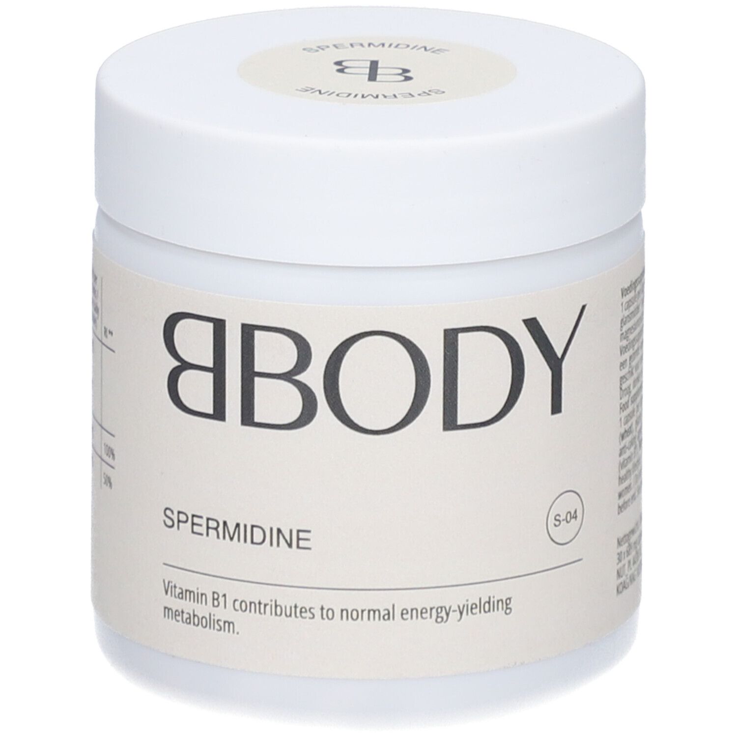 Witte BBODY Spermidine pot. Opschrift: Spermidine, vitamine B1. S-04 markering.