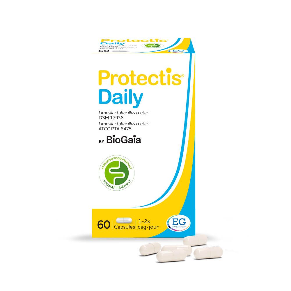 Protectis Daily verpakking met capsules. 60 capsules. Logo: Approved Food Product, FODMAP friendly. Capsules ernaast.