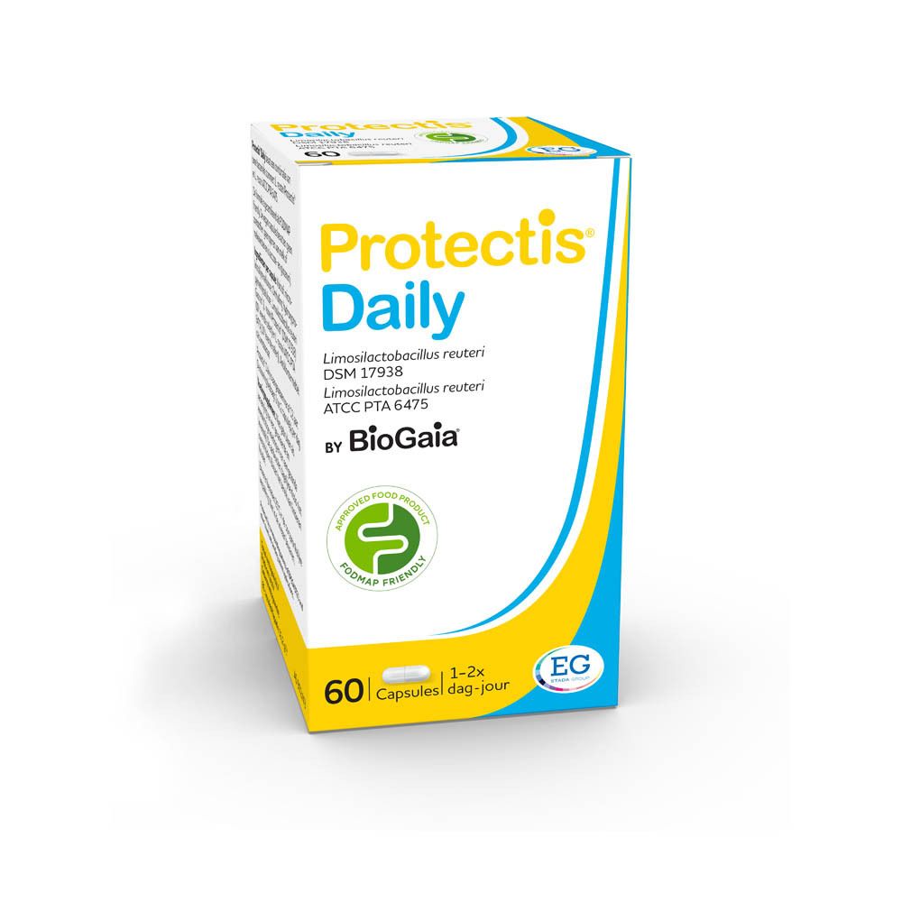 Protectis Daily verpakking met capsules. 60 capsules. Logo: Approved Food Product, FODMAP friendly. Capsules ernaast.