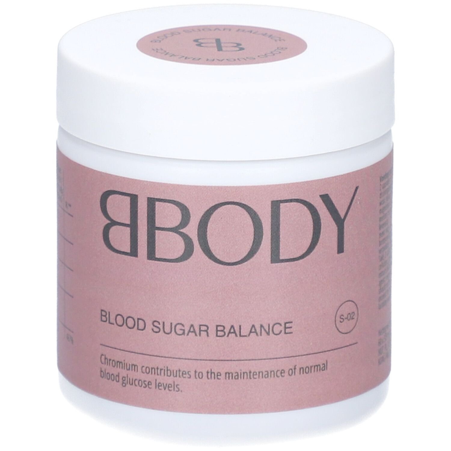 Pot blanc avec étiquette rose. Logo BBODY et texte 'Blood Sugar Balance'. Contient texte sur le chrome.