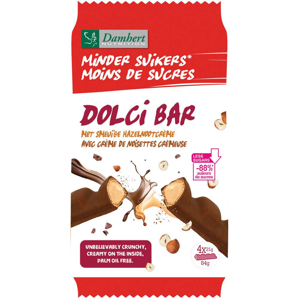 Paquet de Damhert Dolci Bar. Emballage rouge avec nom du produit et image de barres chocolatées. Contient 4 barres.