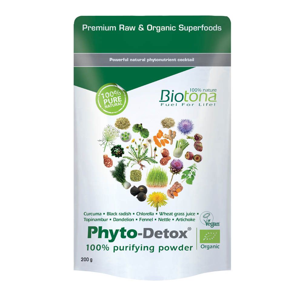 Zakje Biotona Phyto-Detox poeder. Groen-witte verpakking met logo, ingrediëntenillustraties en tekst. 100% puur natuurproduct.