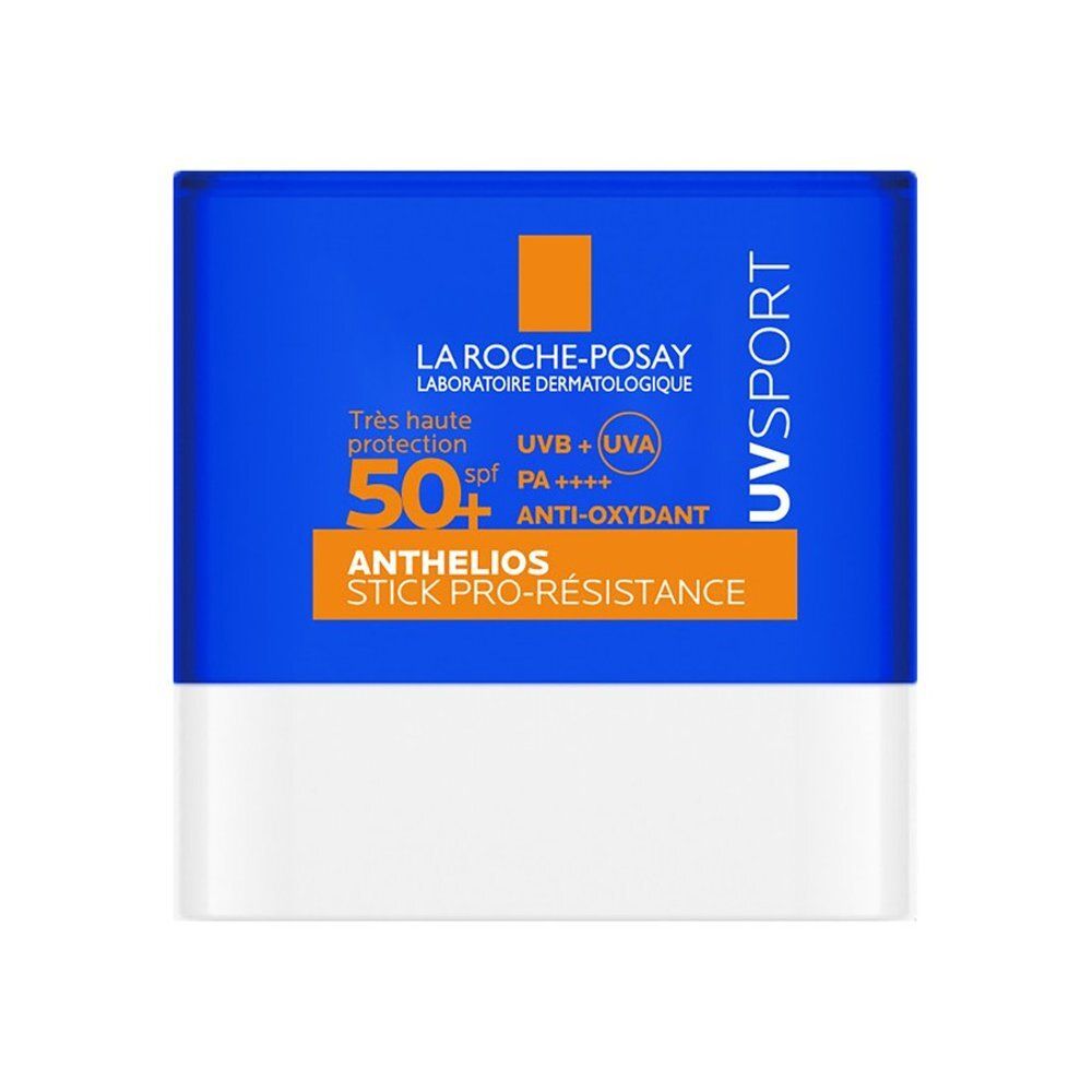 Blauwe stick met witte basis. Oranje label met tekst: La Roche-Posay, Anthelios, UV Sport, SPF50+.