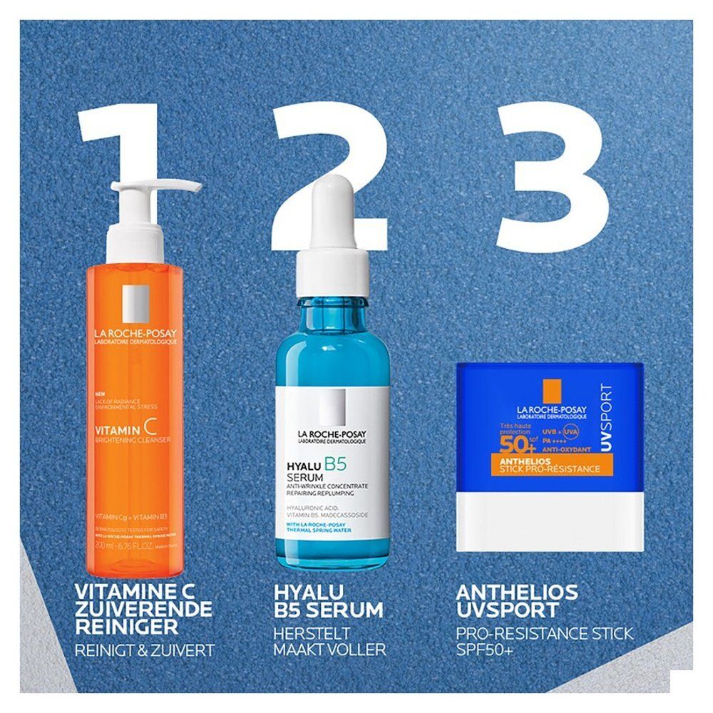 Trois produits côte à côte: Nettoyant à la vitamine C, Sérum Hyalu B5, Stick Anthelios UV Sport SPF50+.