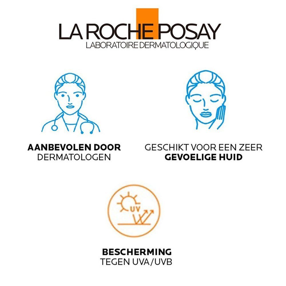 La Roche-Posay logo. Tekst: Aanbevolen door dermatologen, Geschikt voor een zeer gevoelige huid, Bescherming tegen UVA/UVB.