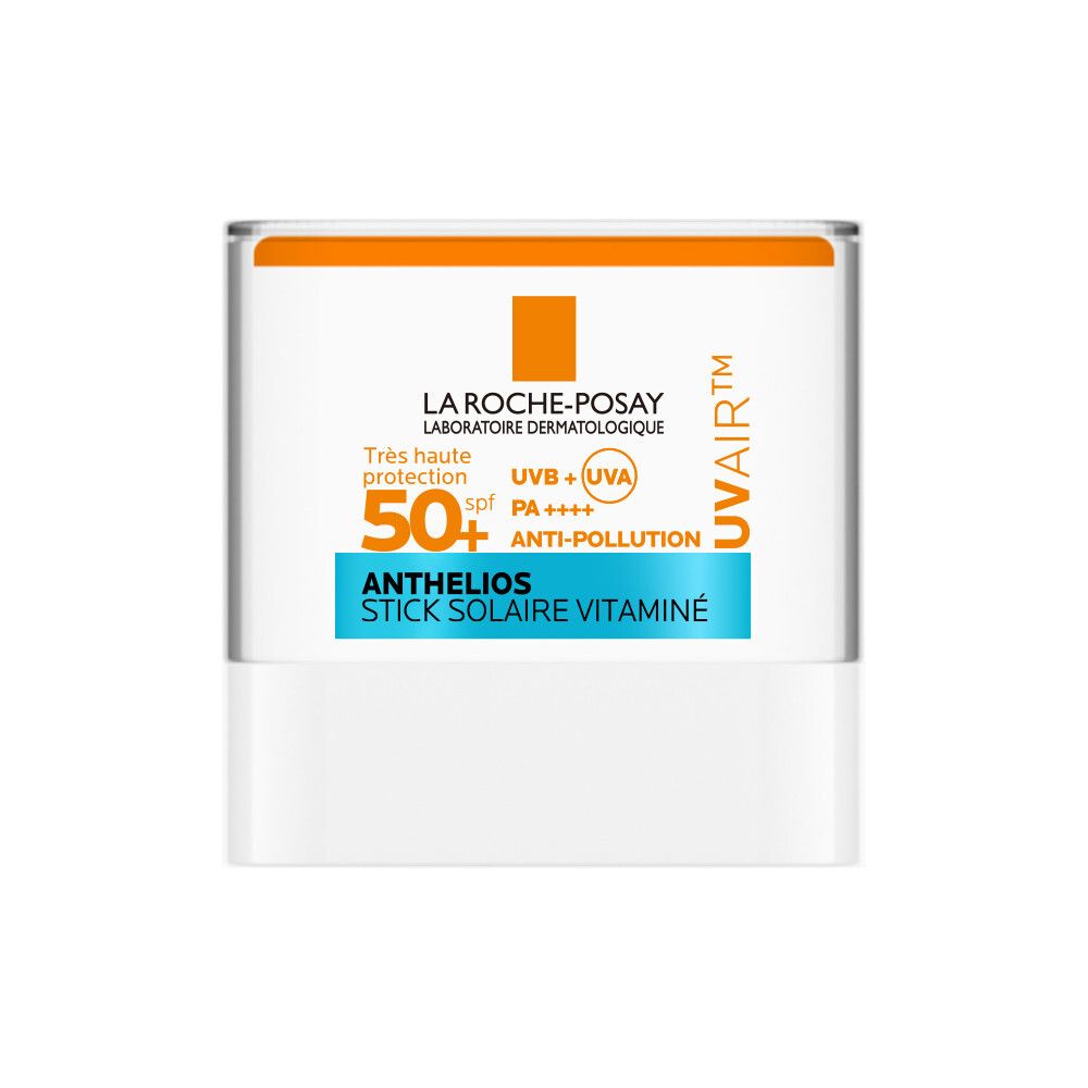 Zonnestick. Witte houder met oranje dop. Blauwe en oranje belettering.