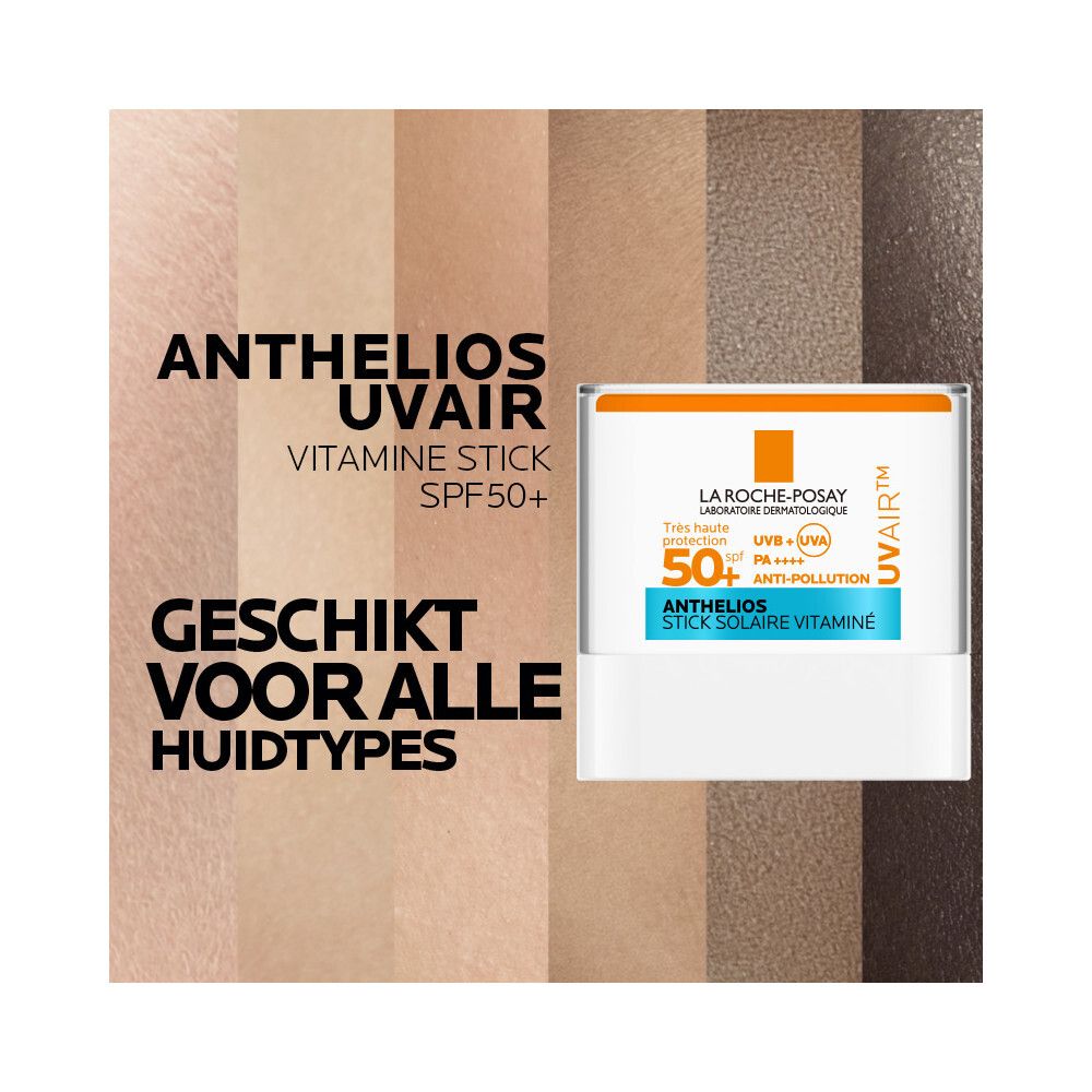 Zonnestick. Product met tekst op blauwe achtergrond. Huidtinten.