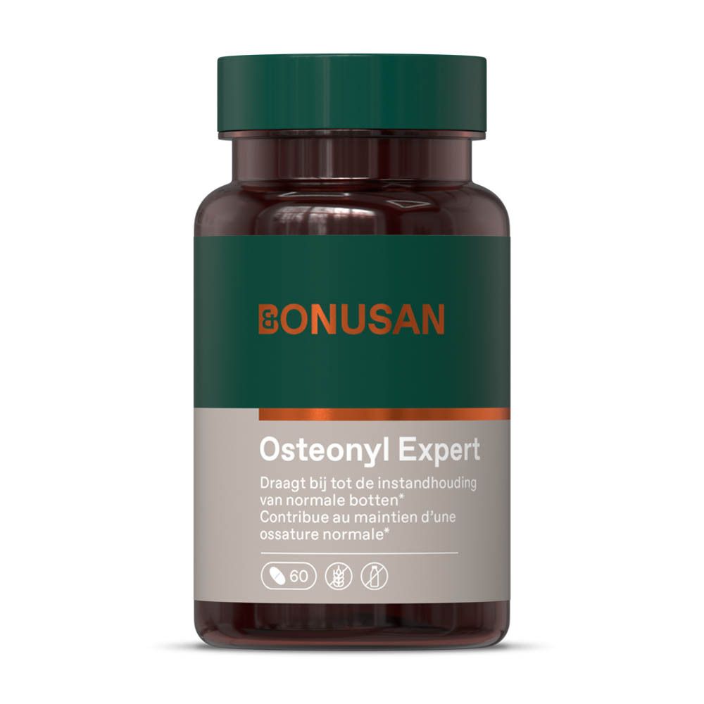 Donkere fles, groene dop. Opschrift BONUSAN en Osteonyl Expert. 60 tabletten.