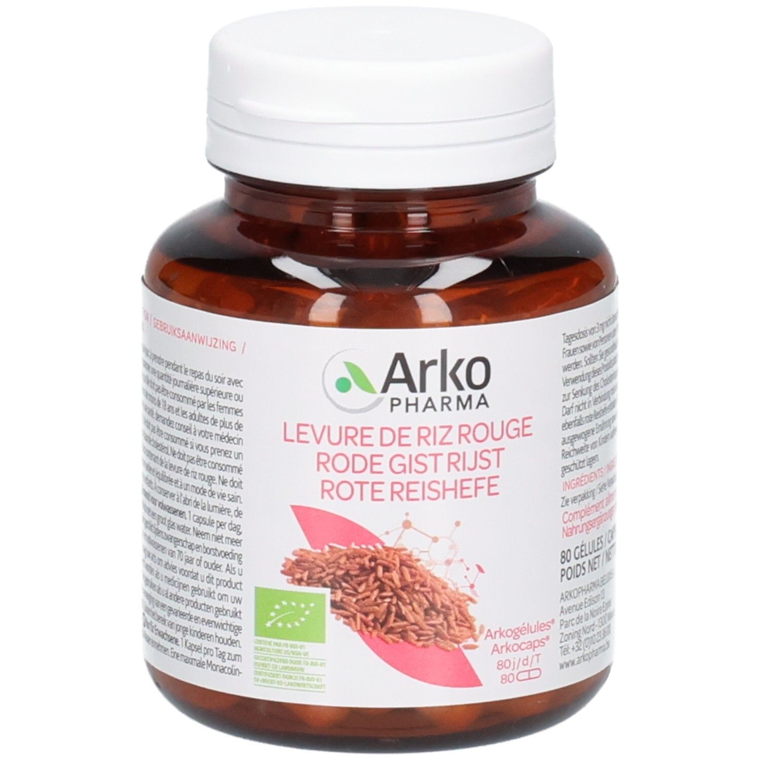 Bouteille brune avec des gélules blanches, Levure de riz rouge Arko Pharma, 80 pièces.