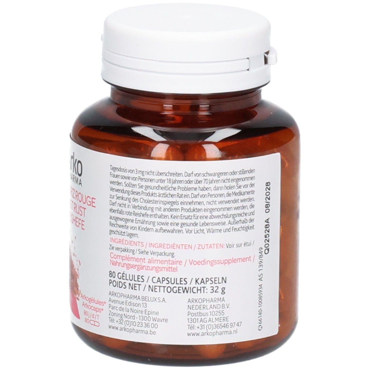 Bouteille et boîte de Levure de riz rouge Arko Pharma, 80 gélules.