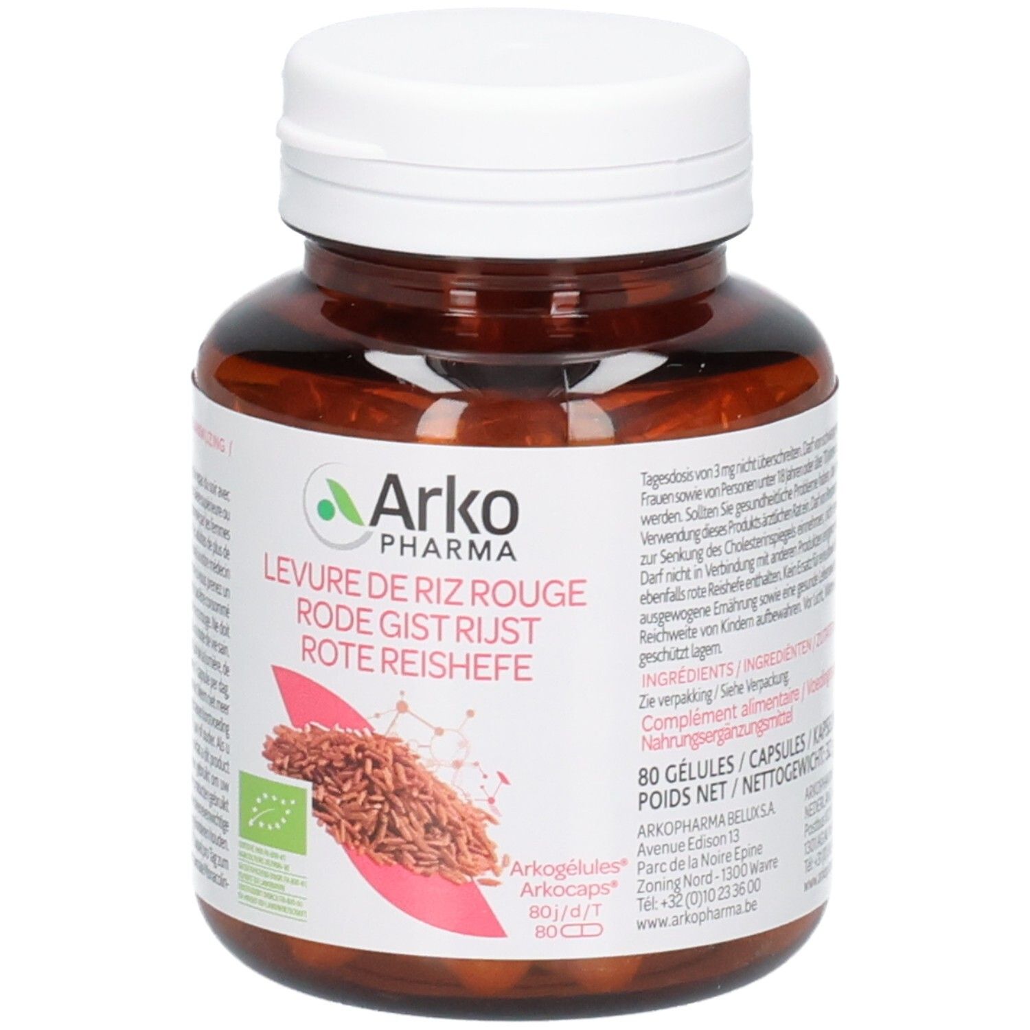 Bouteille de Levure de riz rouge Arko Pharma, 80 pièces, avec label bio.