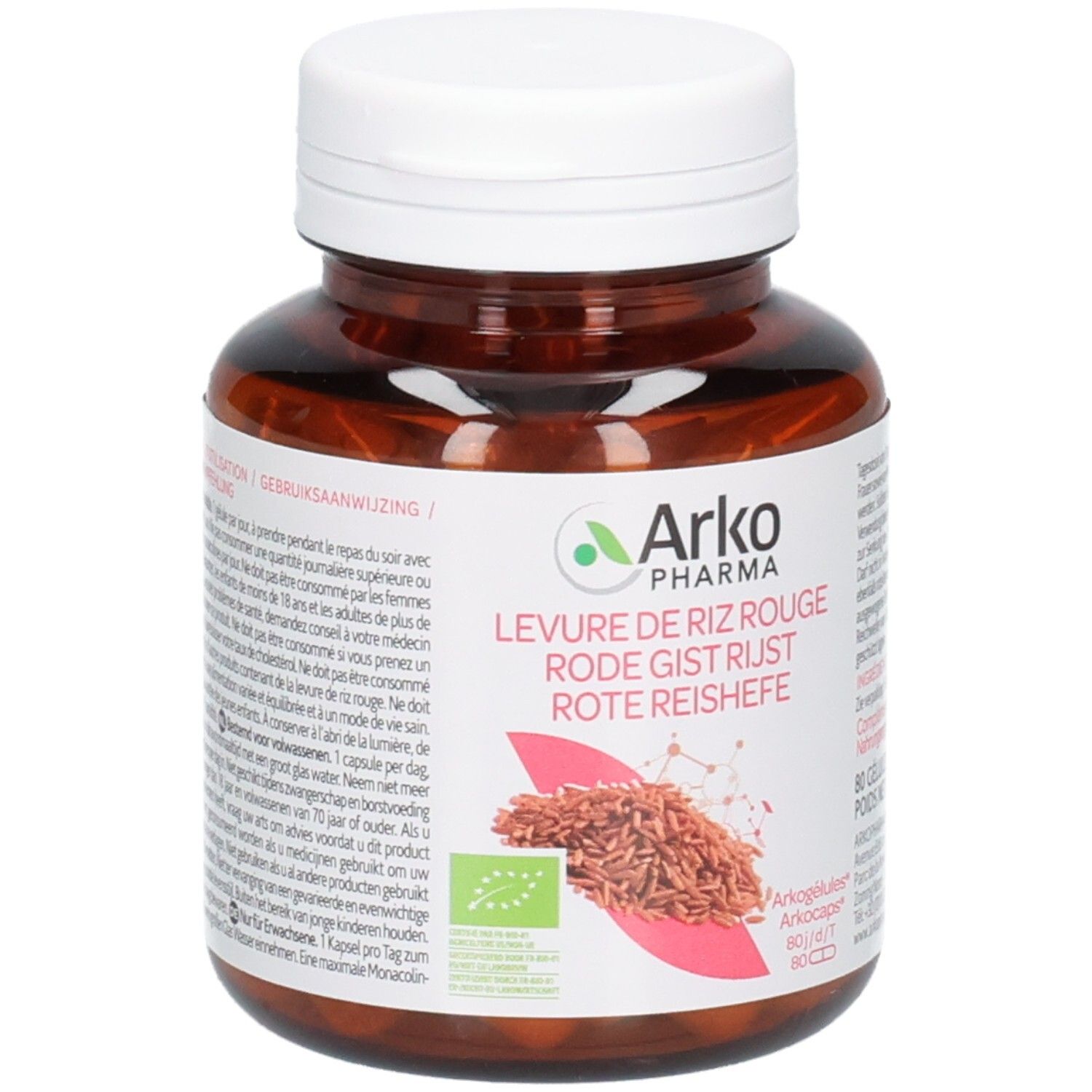 Bouteille de Levure de riz rouge Arko Pharma, 80 pièces, avec label bio et grains de riz rouge.