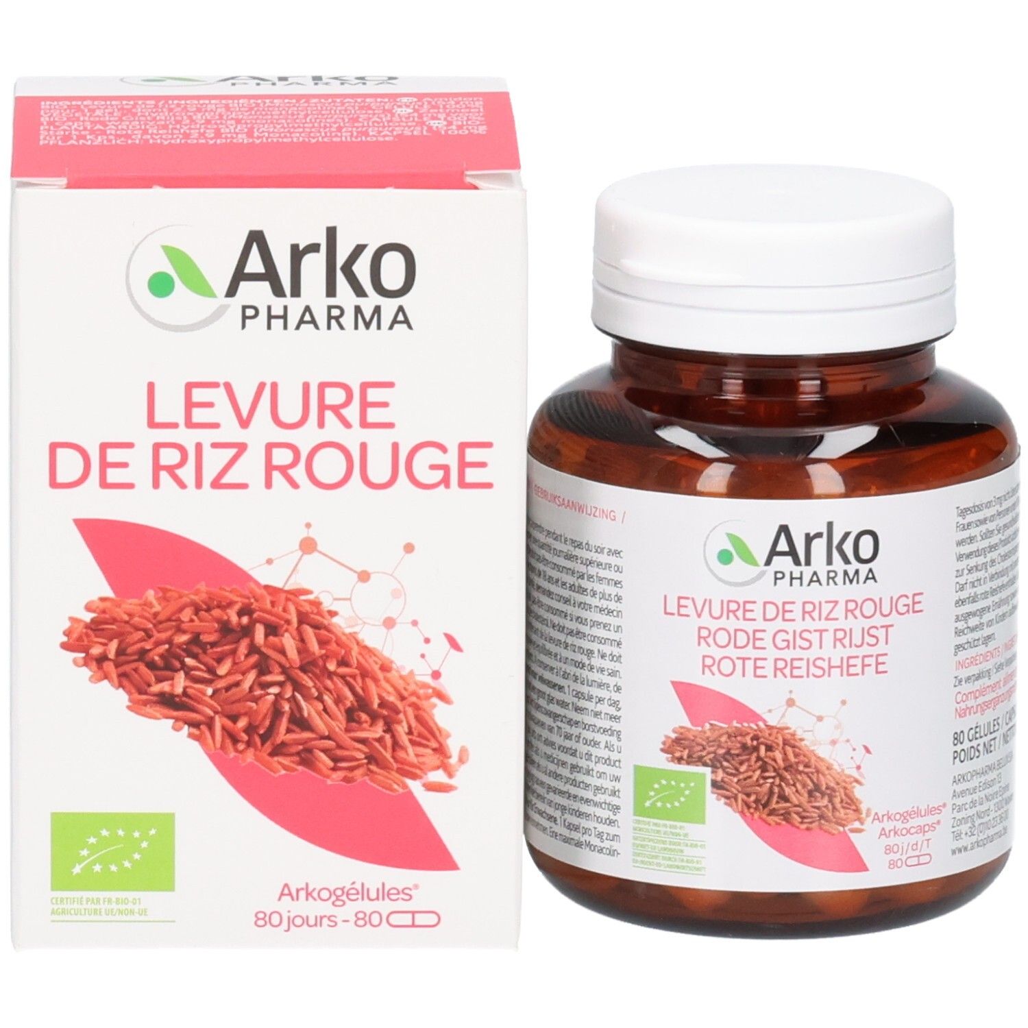 Boîte de Levure de riz rouge Arko Pharma, 80 pièces, avec label bio et grains de riz rouge.