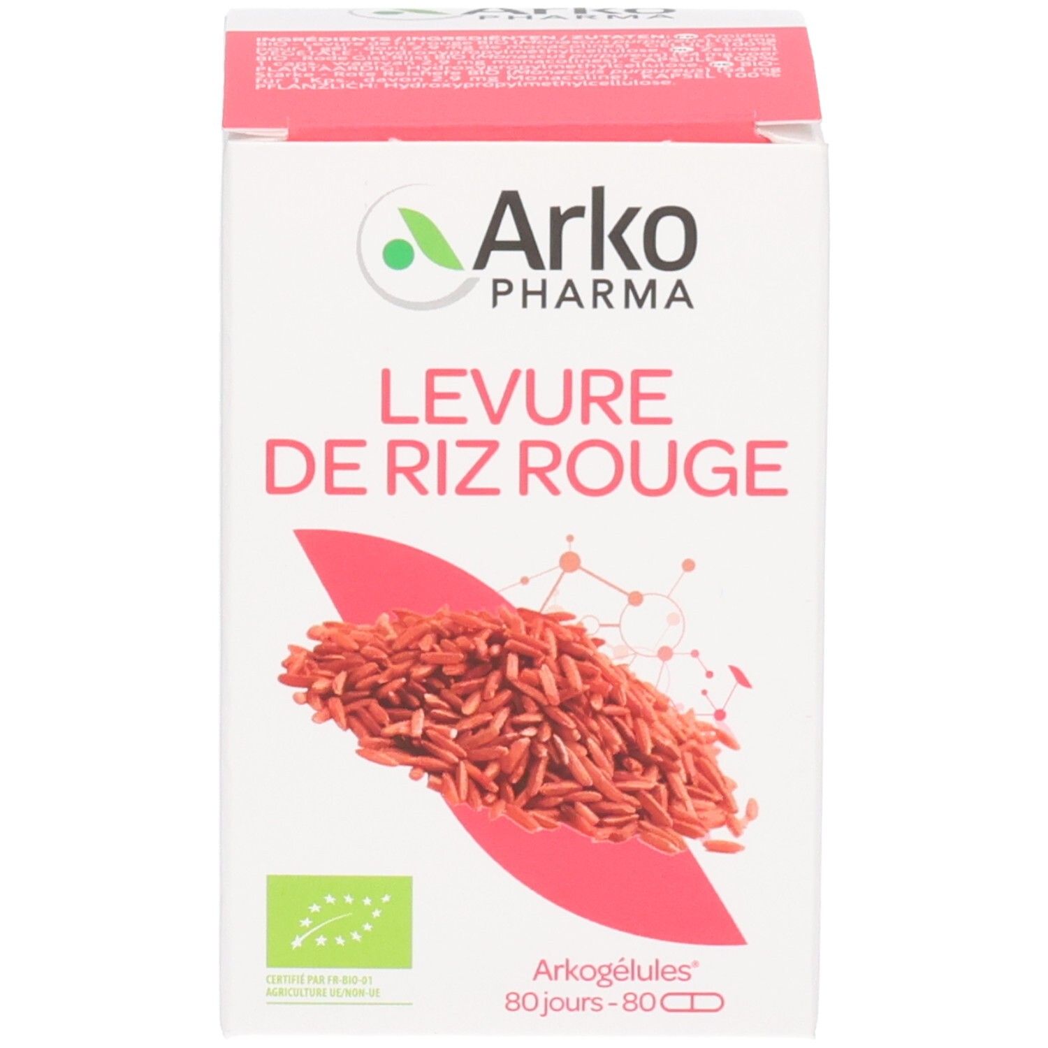 Boîte de Levure de riz rouge Arko Pharma, 80 pièces, avec label bio.