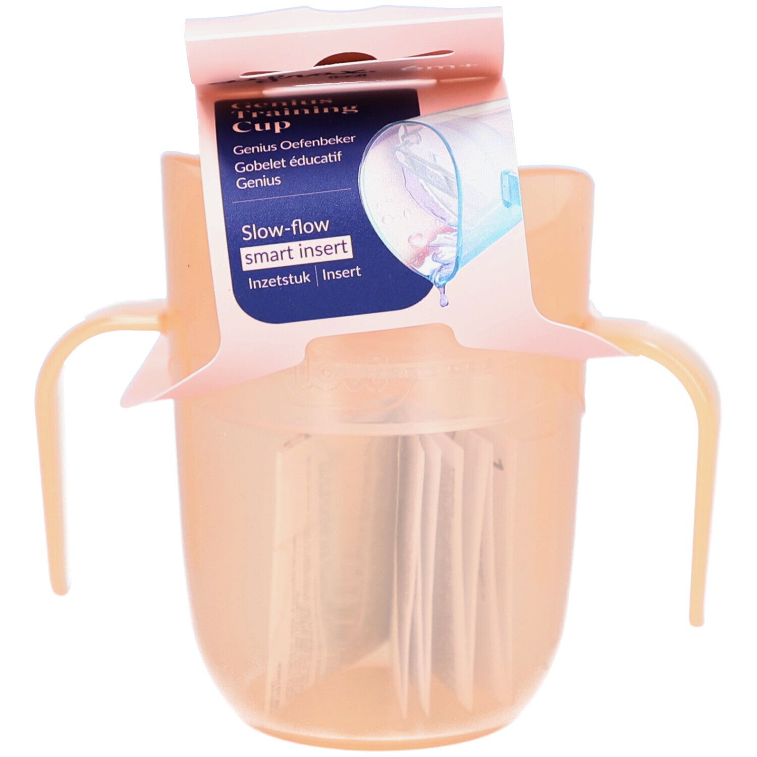 Gobelet d'apprentissage avec poignées et emballage. L'emballage indique "Genius Oefenbeker" et "Slow-flow smart insert".