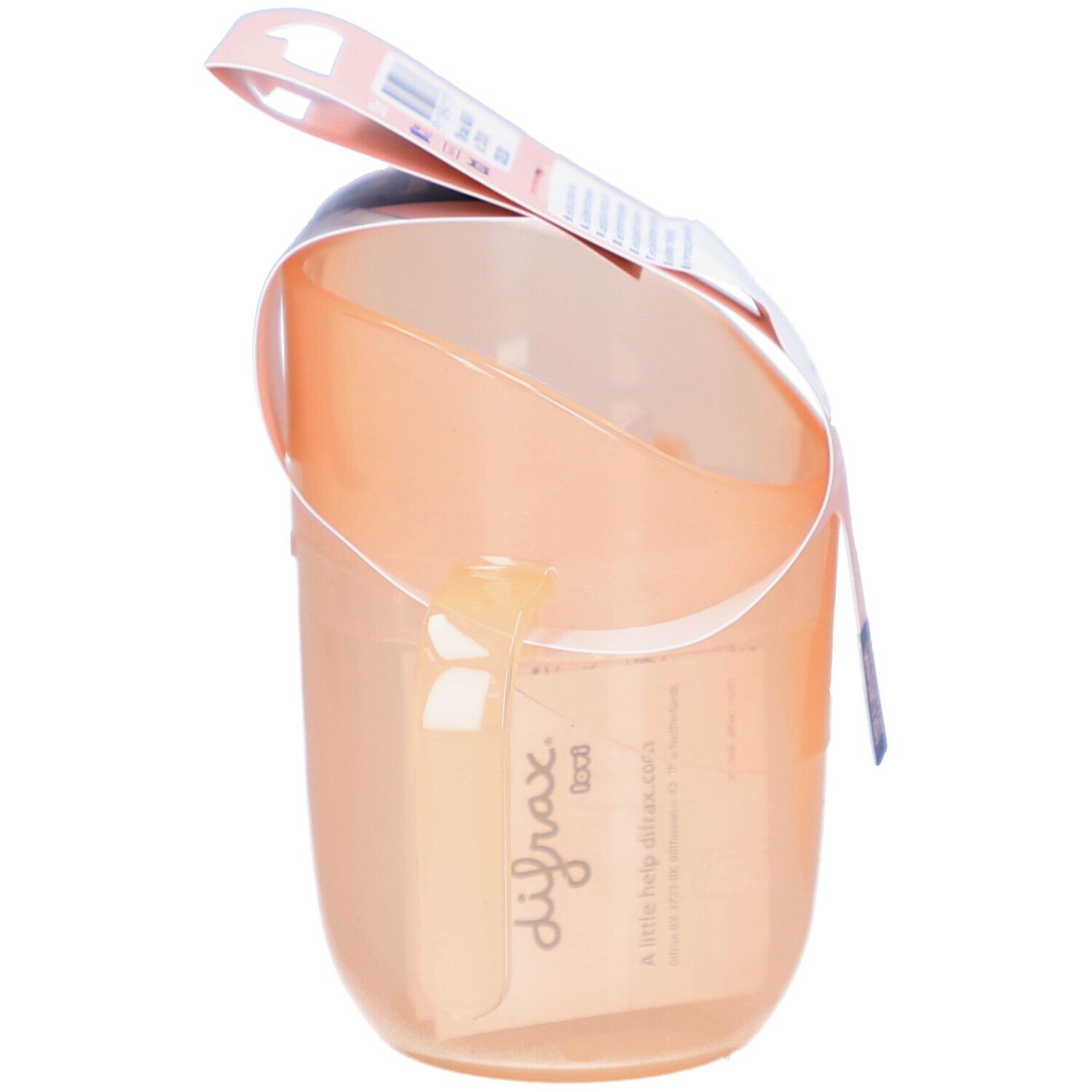 Gobelet d'apprentissage, vue latérale avec emballage. Le gobelet est transparent et possède une poignée. Marque "difrax".