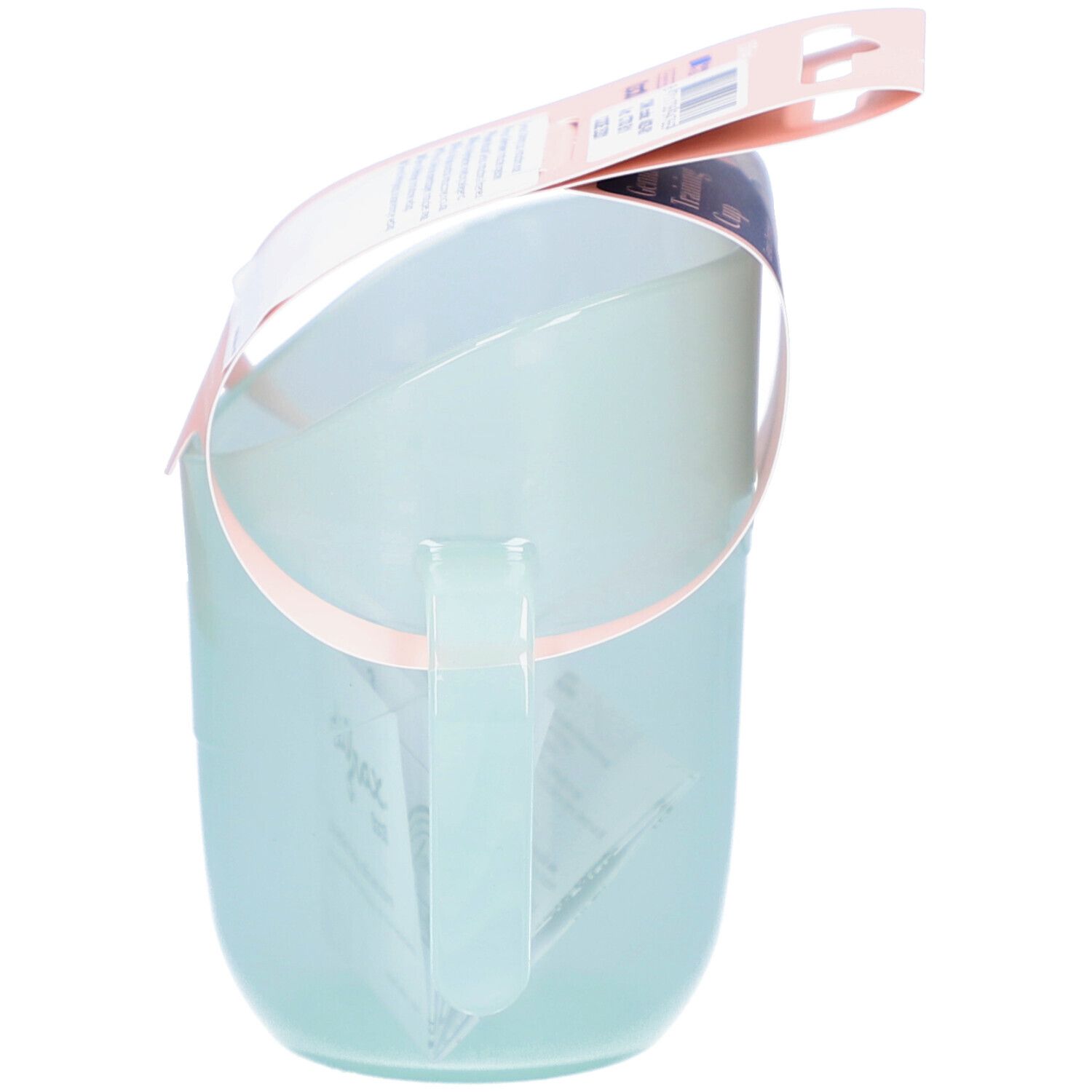 Gobelet d'apprentissage bleu clair avec anse et support rose. Emballage avec informations sur le produit.