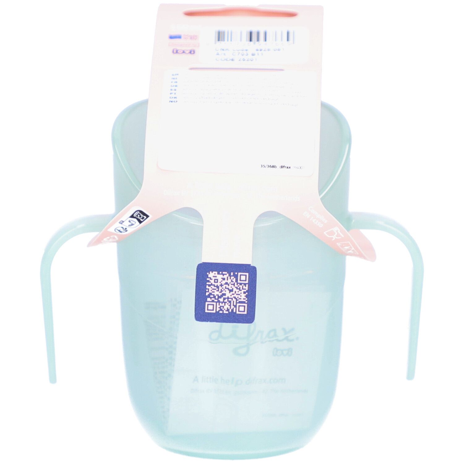 Gobelet d'apprentissage bleu clair avec poignées et support rose. Code QR et logo de la marque sur l'emballage.
